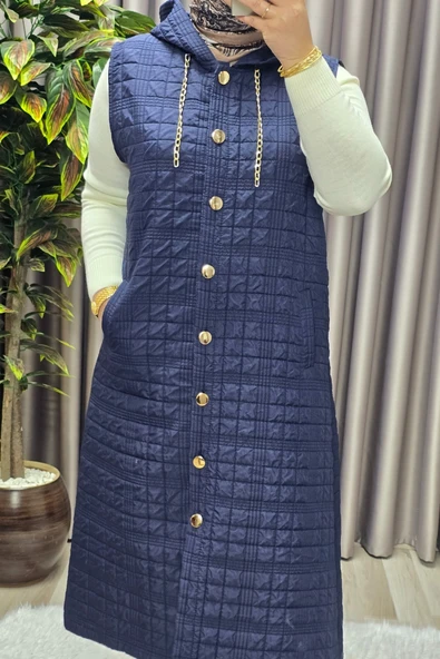 Kadın Giyim Büyük Beden Kapşonlu Astarlı Kare Desen Yelek - Resim 7