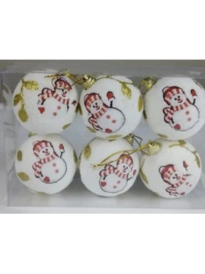 Nedi Yılbaşı Top Süs 6 Cm Lüx Kardan Adamlı Beyaz 6"lı 6382 ürün görseli 1