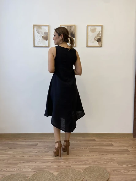 Asimetrik Kesim İthal Keten Midi Elbise - Resim 10