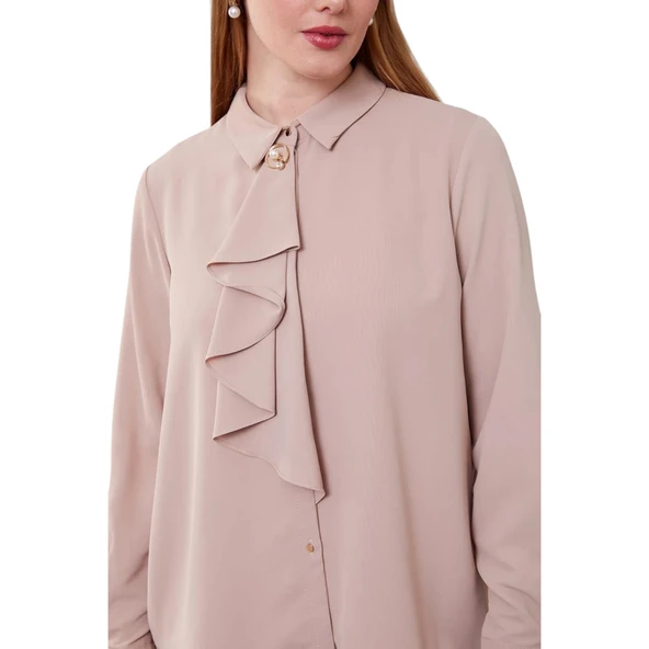 Yakası Fular Broş Detaylı Bluz - Resim 3