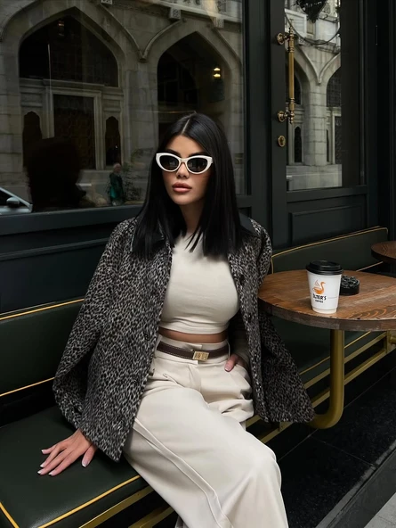 Cemo Leopar Desenli Kaşe Kısa Kaban Ceket - Resim 4