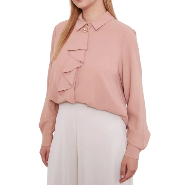 Yakası Fular Broş Detaylı Bluz - Resim 9