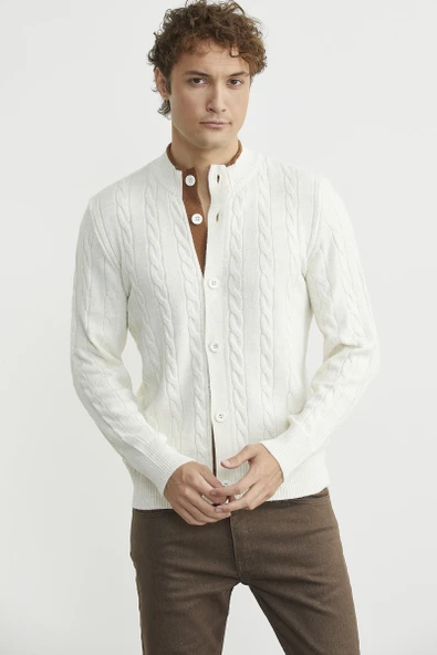 Düğmeli Saç Örgü Triko Hırka - Kemik - Resim 3