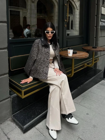 Cemo Leopar Desenli Kaşe Kısa Kaban Ceket ürün görseli 1