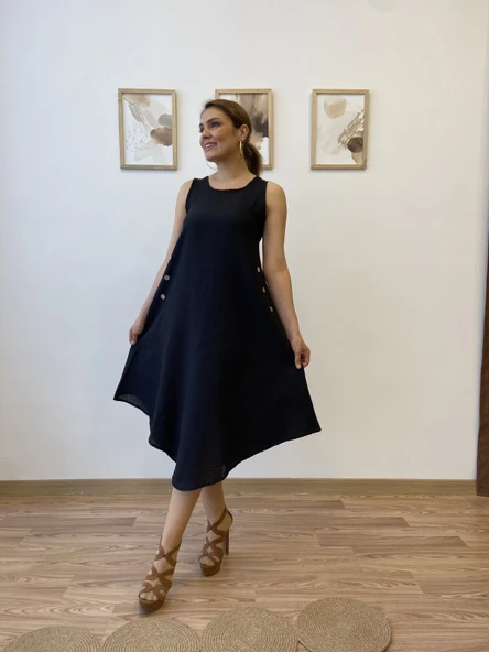 Asimetrik Kesim İthal Keten Midi Elbise - Resim 9