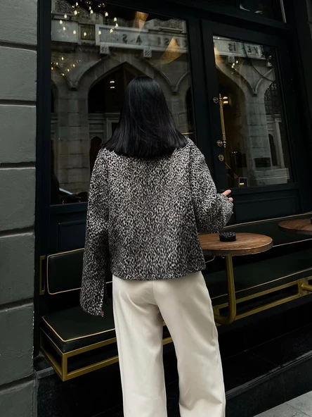 Cemo Leopar Desenli Kaşe Kısa Kaban Ceket - Resim 3