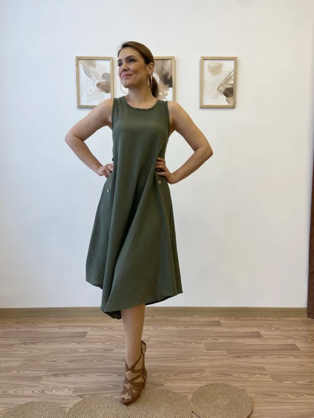Asimetrik Kesim İthal Keten Midi Elbise - Resim 2