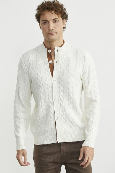 Düğmeli Saç Örgü Triko Hırka - Kemik ürün görseli 1