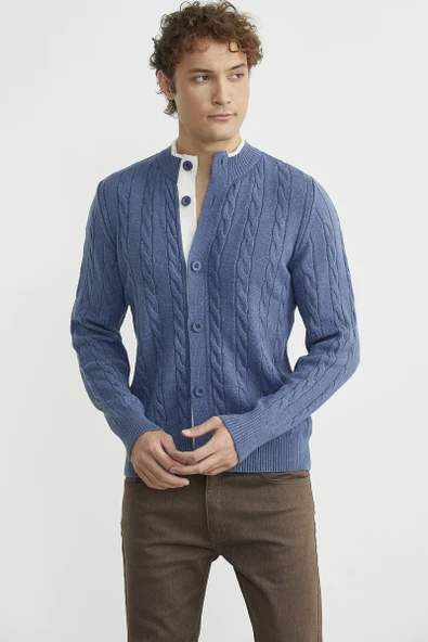 Düğmeli Saç Örgü Triko Hırka - Indigo - Resim 2