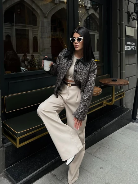 Cemo Leopar Desenli Kaşe Kısa Kaban Ceket - Resim 5