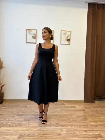 Siyah Askılı Midi Elbise - Resim 8