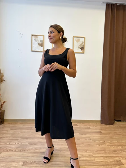 Siyah Askılı Midi Elbise - Resim 7