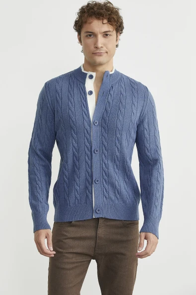 Düğmeli Saç Örgü Triko Hırka - Indigo ürün görseli 1