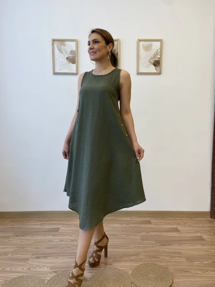 Asimetrik Kesim İthal Keten Midi Elbise - Resim 7