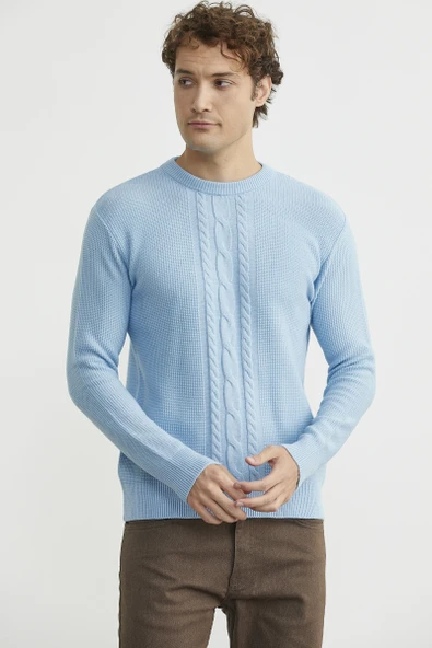 Motif Detaylı Bisiklet Yaka Triko Kazak - Mavi - Resim 3