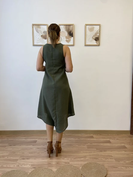 Asimetrik Kesim İthal Keten Midi Elbise - Resim 5