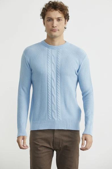 Motif Detaylı Bisiklet Yaka Triko Kazak - Mavi - Resim 2