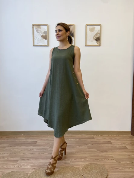 Asimetrik Kesim İthal Keten Midi Elbise - Resim 3