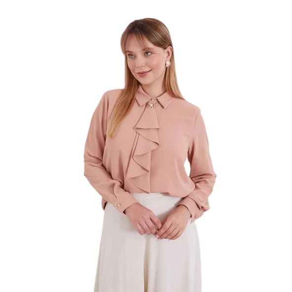 Yakası Fular Broş Detaylı Bluz - Resim 11