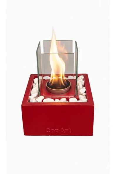 CopArt Quadrata Kırmızı Biyoetanol Masaüstü Beton Şömine - 1 Lt Yakıt Ve Dekoratif Taş Hediyeli - Resim 3