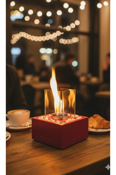 CopArt Quadrata Kırmızı Biyoetanol Masaüstü Beton Şömine - 1 Lt Yakıt Ve Dekoratif Taş Hediyeli ürün görseli