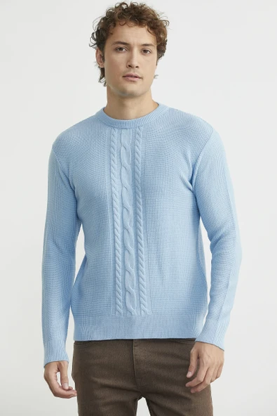 Motif Detaylı Bisiklet Yaka Triko Kazak - Mavi ürün görseli 1