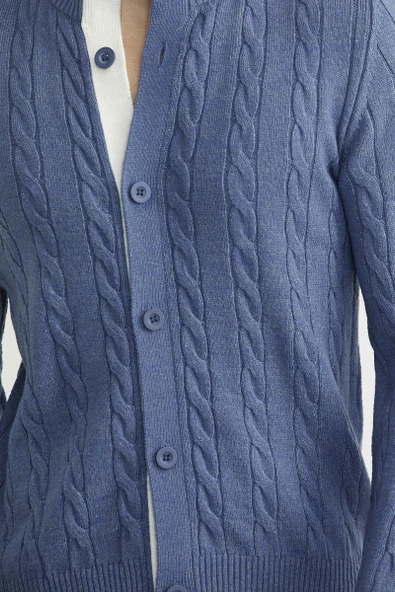 Düğmeli Saç Örgü Triko Hırka - Indigo - Resim 3