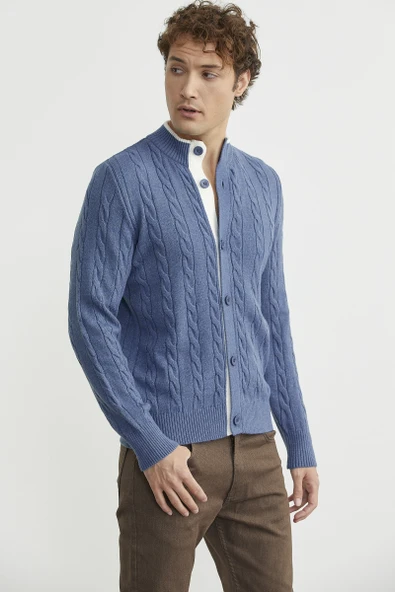 Düğmeli Saç Örgü Triko Hırka - Indigo - Resim 4