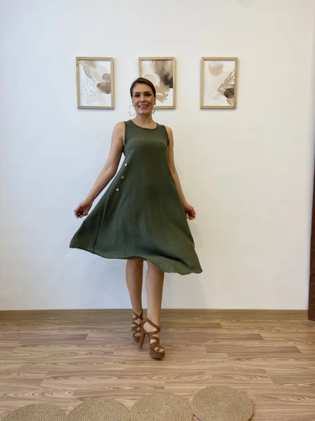 Asimetrik Kesim İthal Keten Midi Elbise - Resim 4