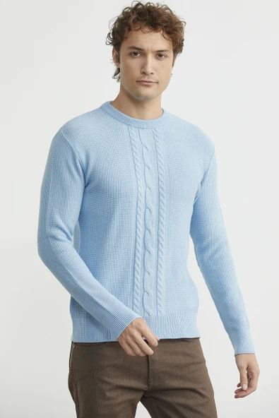 Motif Detaylı Bisiklet Yaka Triko Kazak - Mavi - Resim 4