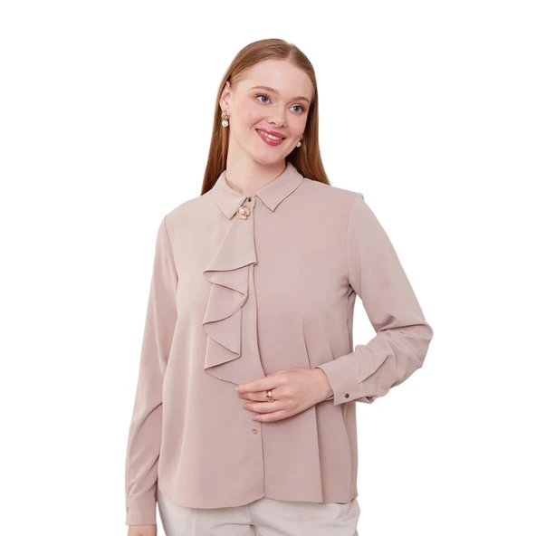 Yakası Fular Broş Detaylı Bluz - Resim 5