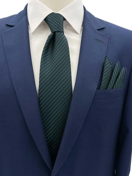 Brianze 7.5 Cm Lacivert Yeşil Çizgili Kravat Mendil Set ürün görseli 1