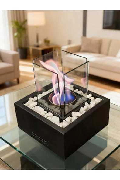 CopArt Quadrata Siyah Biyoetanol Masaüstü Beton Şömine - 1 Lt Yakıt Ve Dekoratif Taş Hediye - Resim 2