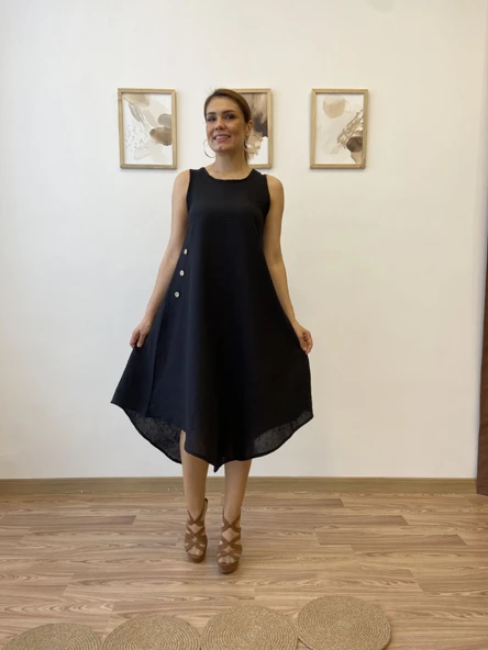 Asimetrik Kesim İthal Keten Midi Elbise - Resim 11