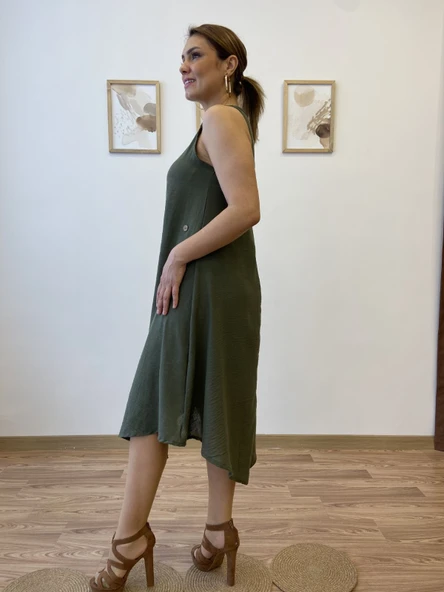 Asimetrik Kesim İthal Keten Midi Elbise - Resim 6