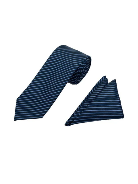Brianze 7.5 Cm Lacivert Mavi Çizgili Kravat Mendil Set ürün görseli 1