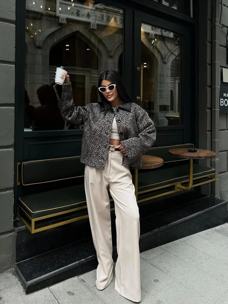 Cemo Leopar Desenli Kaşe Kısa Kaban Ceket - Resim 2