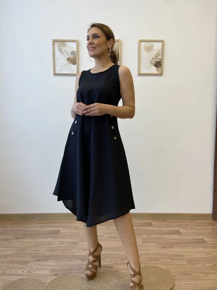 Asimetrik Kesim İthal Keten Midi Elbise - Resim 8