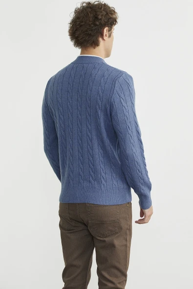 Düğmeli Saç Örgü Triko Hırka - Indigo - Resim 5