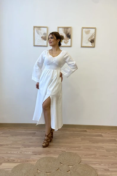 Beyaz Müslin Gipeli Uzun Elbise - Resim 5