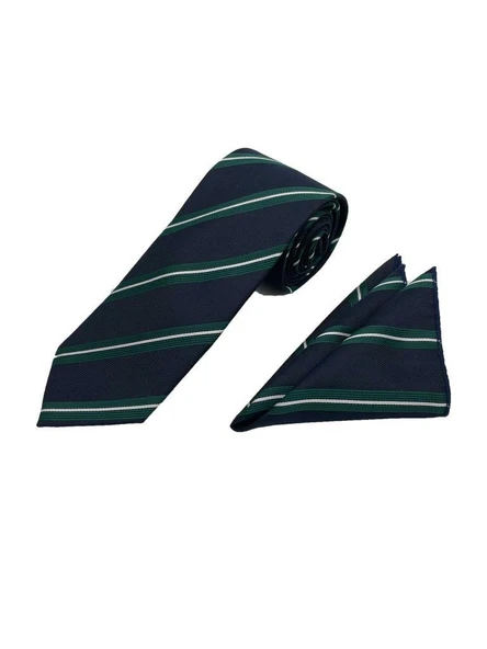 Brianze 7.5 Cm Lacivert Yeşil Beyaz Çizgili Kravat Mendil Set - Resim 2