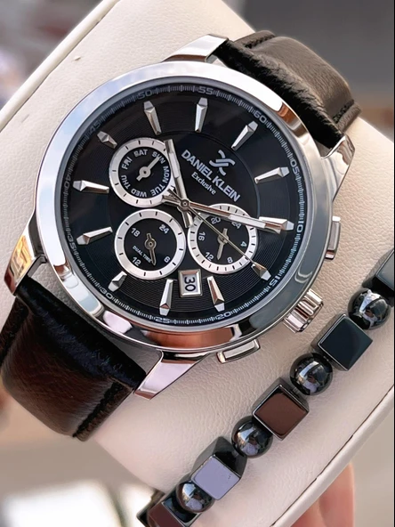 Daniel Klein Erkek Kol Saati 30 Metre Suya Dayanıklı Deri Kayış Kordon + Bileklik Hediyeli  VS.BLKT.0677 ürün görseli