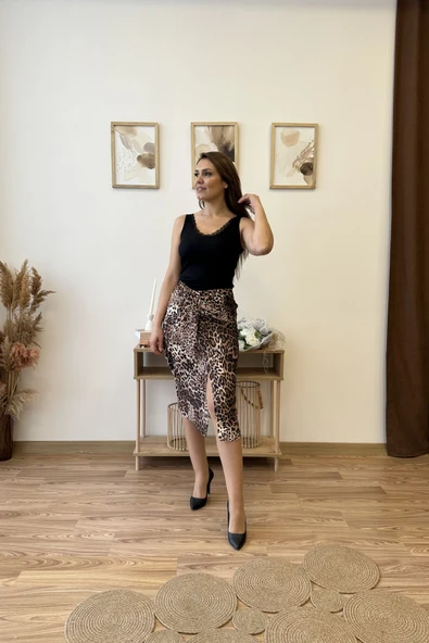 Ön Büzgülü Desenli Yırtmaçlı Etek - Resim 8