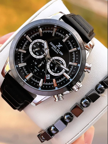 Daniel Klein Erkek Kol Saati 30 Metre Suya Dayanıklı Deri Kayış Kordon + Bileklik Hediyeli  VS.BLKT.0672 ürün görseli