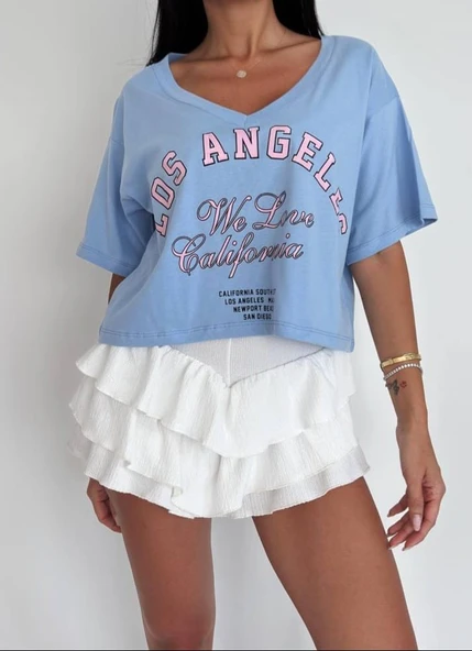 V Yaka Yazı Baskılı Crop Tshirt - Resim 3