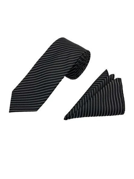 Brianze 7.5 Cm Siyah Gri Çizgili Kravat Mendil Set - Resim 2