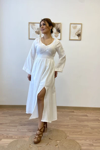 Beyaz Müslin Gipeli Uzun Elbise - Resim 3