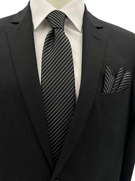 Brianze 7.5 Cm Siyah Gri Çizgili Kravat Mendil Set ürün görseli