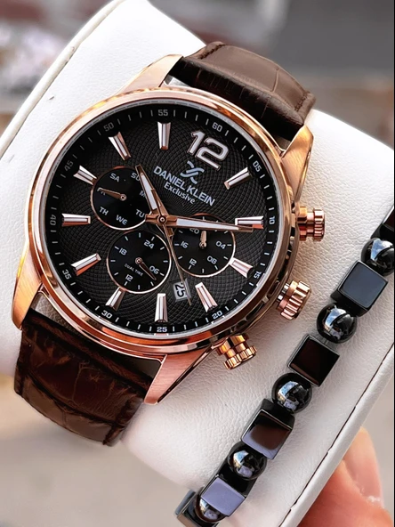 Daniel Klein Erkek Kol Saati 30 Metre Suya Dayanıklı Deri Kayış Kordon + Bileklik Hediyeli  VS.BLKT.0674 ürün görseli