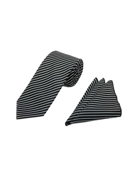 Brianze 7.5 Cm Siyah Beyaz Çizgili Kravat Mendil Set - Resim 2